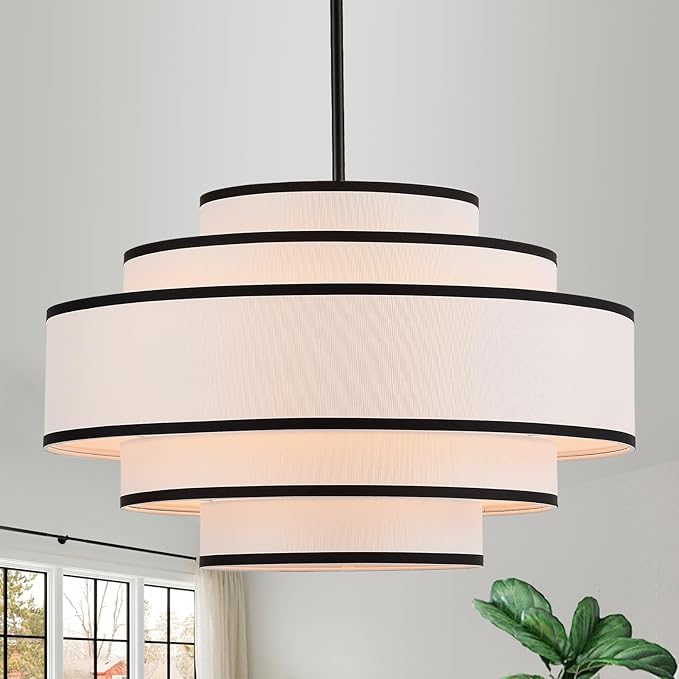 19.7" Black Drum Chandelier with White Linen Lampshade 4-Light Modern Farmhouse Chandelier Light Fixture for Living Room, Dining Room, Kitchen Island, Foyer, Entryway Bedroom