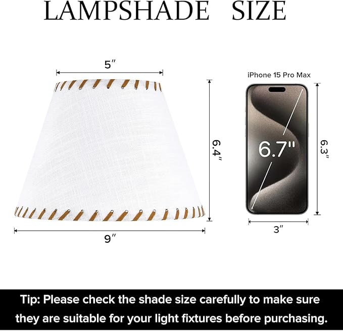 GO&SO 1 Pack White Linen Lampshades Natural Fabric Small Lamp Shades, 5"x9"x6.4" (Spider) with Stitched Brown Trim - Modern Rustic Bell Lamp Shades for Table Lamps, Wall Lamps, Bedroom, Living Room