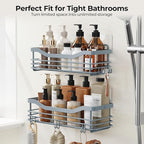 Orimade Shower Caddy Basket Shelf Storage Rack, No Drilling Wall Mounted Adhesive Rust Proof Stainless Steel Shower Organizer with 5 Hooks for Bathroom, Light Blue Grey 2 Pack