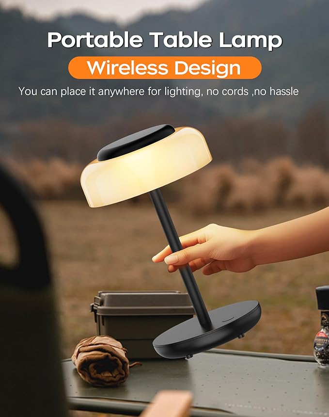 QiMH Battery Operated LED Table Lamp, 5000mAh Rechargeable Cordless Lamp, Stepless Dimmable Touch Control, Small Waterproof Desk Night Light for Living Room, Bedroom, Outdoor Bar (Black)