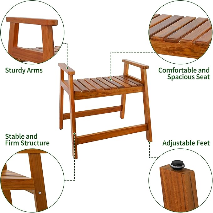 VaeFae Teak Shower Chair with Arms, 22" Shower Bench, Spa Bath Seat for Bathroom, Wooden Shower Stool for Inside Shower