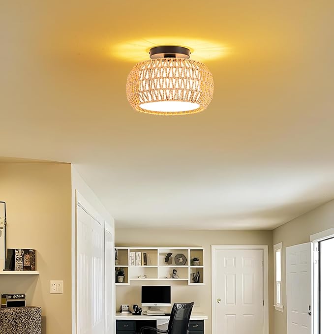 MAYNA 1-Light Boho Flush Mount Ceiling Light, Rattan Chandelier Light Fixture with LED Bulb, Hand-Woven Farmhouse Ceiling Light, Mini Wicker Light Fixture for Bedroom Hallway Entryway