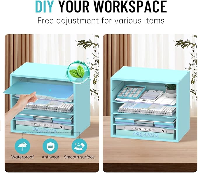 5-Tier Wood Desk Organizer, Paper Tray Organizer for Desk with Adjustable Storage Shelves, Desktop Paper Sorter Mail Holder for Office Home Classroom, Blue