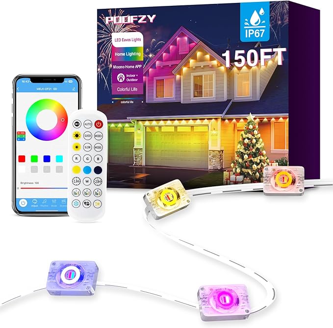 POOFZY Permanent Outdoor Lights for House,150ft RGB+IC Smart Outdoor Decor, 50 Scene Modes,App/Remote Control,IP67 Waterproof,for Christmas,Halloween,Daily & Holiday Party Decor,House Roof Lighting