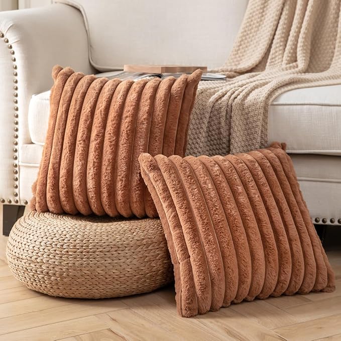 DEELAND Pack of 2,Double-Sided Faux Fur Plush Decorative Throw Pillow Covers Fuzzy Striped Soft Pillowcase Cushion Covers for Sofa Couch Bedroom Brown 20x20 inch
