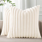 Pallene Faux Fur Plush Christmas Throw Pillow Covers 26x26 Set of 2, Luxury Soft Fluffy Striped Decorative Pillow Covers for Sofa, Couch, Living Room, Cream White