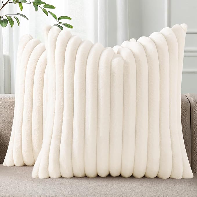 Pallene Faux Fur Plush Christmas Throw Pillow Covers 16x16 Set of 2, Luxury Soft Fluffy Striped Decorative Pillow Covers for Sofa, Couch, Living Room, Cream White