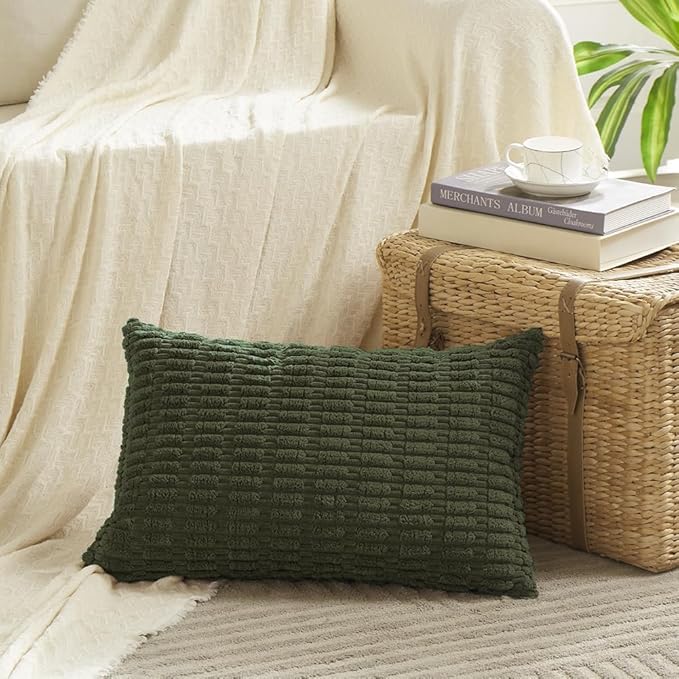 Fancy Homi Boho Olive Green Decorative Throw Pillow Covers 12x20 Inch for Couch Bed Sofa, Rustic Modern Farmhouse Home Decor, Soft Plush Corduroy Cute Square Cushion Case 30x50 cm