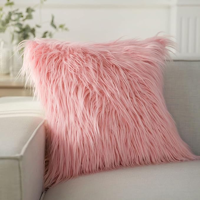 Phantoscope Faux Fur Solid Decorative Pillow Cover Fluffy Throw Pillow Mongolian Luxury Fuzzy Pillow Case Cushion Cover for Bedroom and Couch, Pink 22 x 22 Inches, Pack of 1
