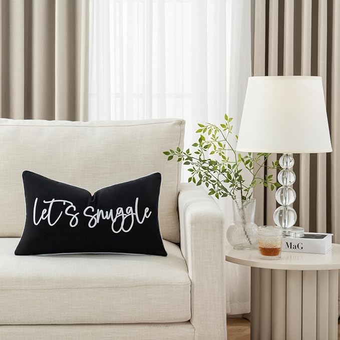 Sunkifover Let's Snuggle Decorative Lumbar Pillow Cover - 12x20 Inch Black and White Cotton Embroidery Throw Pillowcase for Bed, Bedroom, Living Room, Home Decor