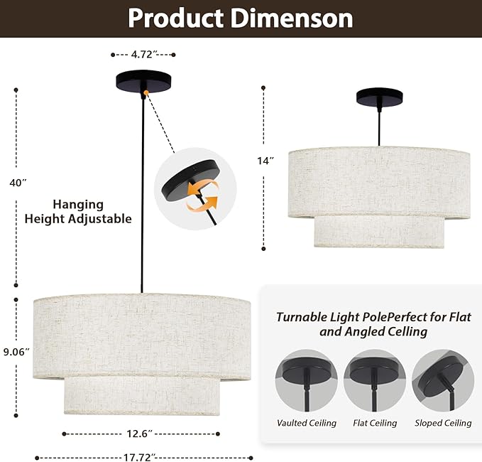 Linen Drum Pendant Light, 18” Double Drum Dining Room Light Fixture with Linen Lampshade, 3-Light Drum Chandeliers for Dining Room E26 Bulb Base