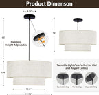 Linen Drum Pendant Light, 18” Double Drum Dining Room Light Fixture with Linen Lampshade, 3-Light Drum Chandeliers for Dining Room E26 Bulb Base