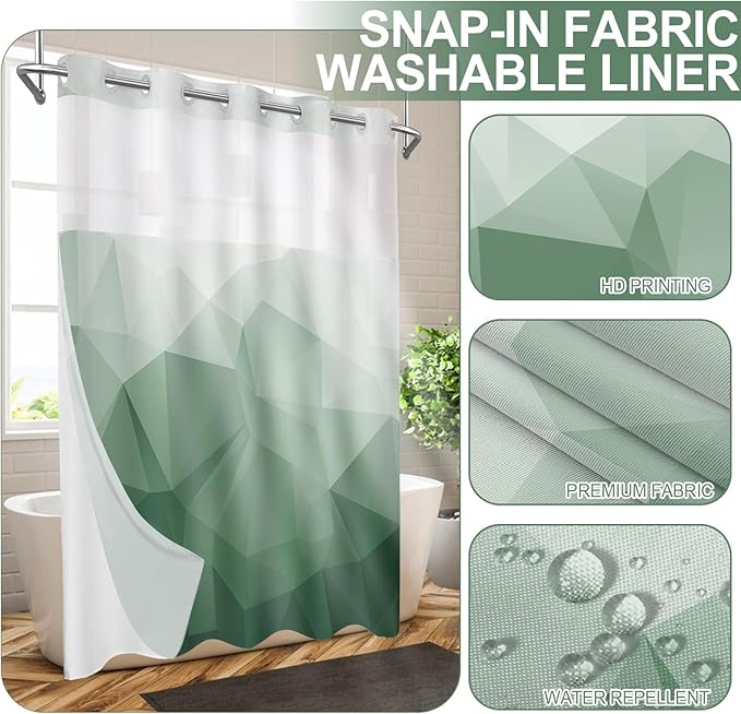 No Hook Shower Curtain with Snap in Liner and Sheer Window, Green Modern Geometric Fabric Shower Curtain Set for Bathroom Decor, 15-Second Quick Install, Abstract Irregular Ombre, 71"X74"
