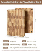XINZUO Ash Wood Cutting Board for Kitchen, (13.8''L x 9.8''W x 1''T)-End Grain Wood Cutting Board for Meat-Chopping Boards with Slip Feet, Side Handles,Juice Groove