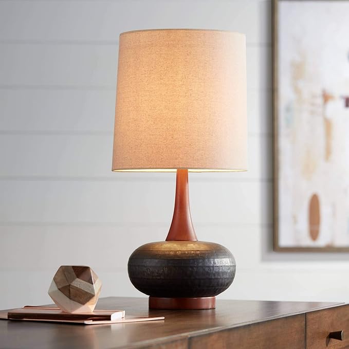 360 Lighting Andi Mid Century Modern Table Lamp 24.5" High Hammered Bronze Ceramic Wood Off White Tall Drum Shade for Living Room Bedroom House Bedside Nightstand Home Office (Color May Vary)
