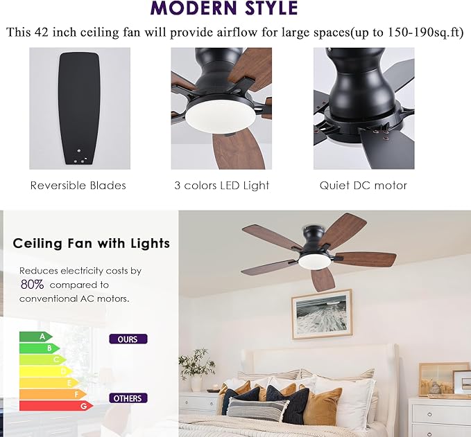 42inch Ceiling Fans with Lights, Low Profile Ceiling Fan with Light and Remote/APP Control, DC Reversible Motor, Noiseless, Flush Mount, Brown Ceiling Fan for Bedroom Indoor/Outdoor Use