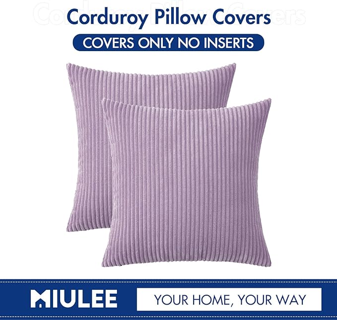 MIULEE Winter Pack of 2 Corduroy Pillow Covers Soft Soild Cushion Cases Decorative Square Throw Pillow Covers Lavender Pillowcases for Sofa Bedroom Car 18 x 18 Inch 45 x 45 Cm