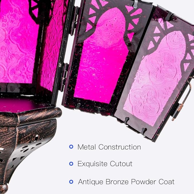 DECORKEY Lantern Decorative Indoor & Outdoor, 13.6’’ Moroccan Style Vintage Decorative Hanging Lantern with Chian for Home Porch Patio Decor, Metal Christmas Halloween Ramadan Candle Holders(Purple)