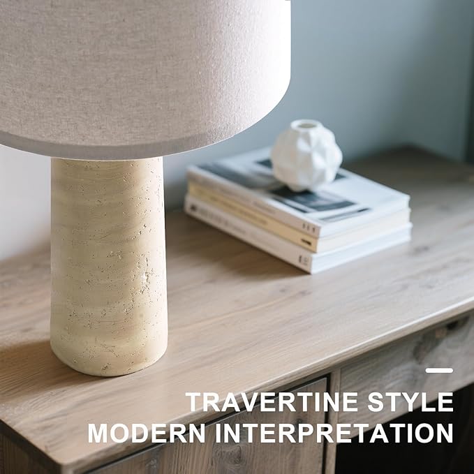 BOBOMOMO 27.25" Modern Table Lamp Set of 2, Beige Resin Lamp with Natural Stone Look, Travertine Lamps for Living Room with Linen Shades, Bedside Lamp for Bedroom, Living Room, Nightstand, Entryway