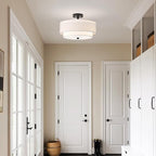 16" Semi Flush Mount Ceiling Light Fixture, Close to Ceiling Light Fixtures with Farmhouse Fabric Linen Shade, Double Drum Black Flush Mount Ceiling Light for Living Room Bedroom Dining Room Kitchen