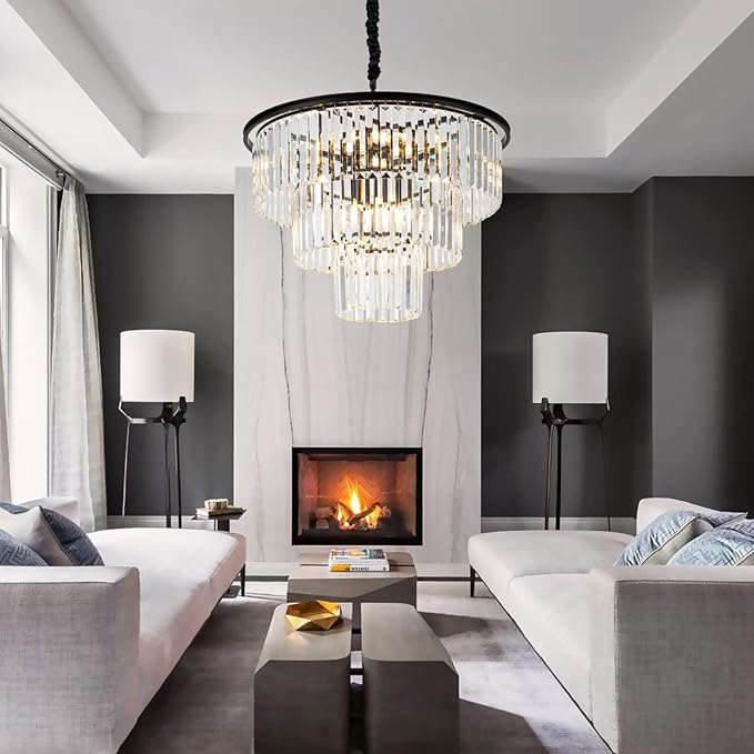 12 Lights 23.64" Black Modern Crystal Chandelier Crystal Pendant Ceiling Light Fixture 3-Tier Hanging Lighting for Dinning Room Bedroom Living Room Foyer