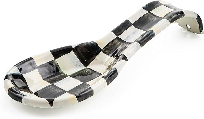 MACKENZIE-CHILDS Enamel Spoon Rest, Kitchen Spoon Holder and Utensil Rest for Stovetop, Black-and-White Courtly Check