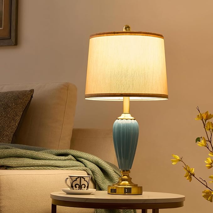 Living Room Table Lamp, 25.5" Touch Lamp for Nightstand with USB A+C Ports, Modern Farmhouse Table Lamps for Bedroom, Bulb Included