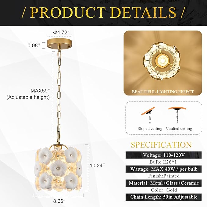3-Pack Flower Small Pendant Lighting Gold Glass Pendant Light with White Ceramic Flowers Modern 1-Light for Kitchen Island Sink Dining Room Entryway Hallway, E26