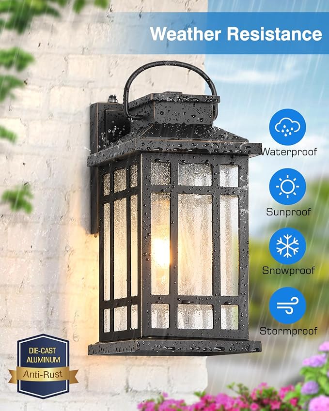 Exterior Lighting Fixtures, Black Porch Lights Outdoor with Gold Trim, Dusk to Dawn Porch Light with Seeded Glass, Aluminum Anti-Rust Waterproof Outdoor Wall Lantern for Houae, Garage, Doorway