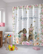Rabbits Flowers Easter Shower Curtain, Eucalyptus Leaf Spring Shower Curtains Set with Hooks, Grey White Buffalo Plaid Waterproof Fabric Bathroom Curtains Decor Home Accessories,72 X 72 Inch Long
