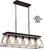 Q&S Dining Room Chandelier Light Fixtures,Farmhouse Rustic Vintage Antique Linear Chandeliers Pendant Ceiling Light Fixture for Kitchen Island Bar Office Coffee Shop 5-Lights Oak and ORB UL Listed