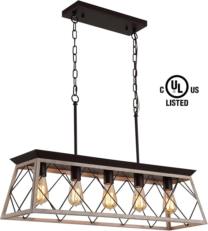 Q&S Dining Room Chandelier Light Fixtures,Farmhouse Rustic Vintage Antique Linear Chandeliers Pendant Ceiling Light Fixture for Kitchen Island Bar Office Coffee Shop 5-Lights Oak and ORB UL Listed