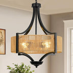4-Light Rattan Chandelier Light Fixture, 18” Black Metal and Hand-Woven Wicker Shade, Semi-Flush Mount Boho Farmhouse Pendant Lighting for Dining Room, Living Room, Kitchen Island, Bedroom