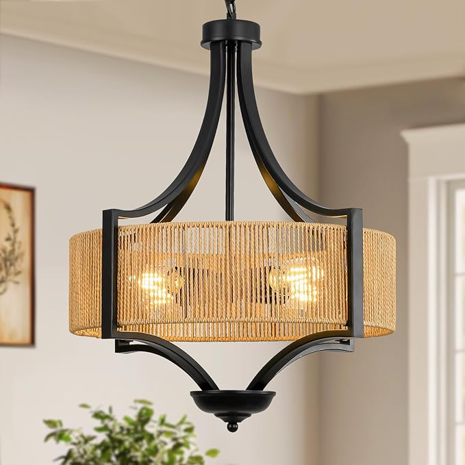 4-Light Rattan Chandelier Light Fixture, 18” Black Metal and Hand-Woven Wicker Shade, Semi-Flush Mount Boho Farmhouse Pendant Lighting for Dining Room, Living Room, Kitchen Island, Bedroom