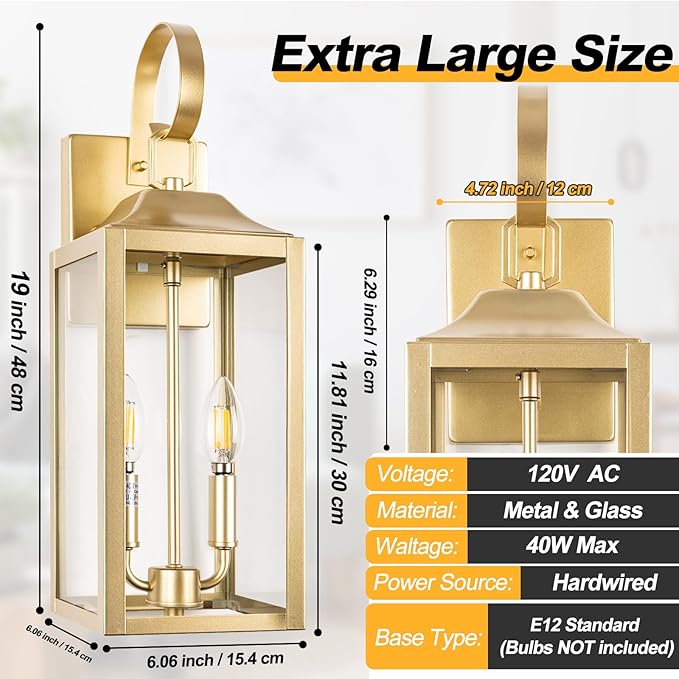 19" Gold Outdoor Wall Lantern 2-Light, Large Modern Wall Sconce Light Fixture, Industrial Porch Light with Glass, Waterproof Farmhouse Exterior Lamp (1 Pack)