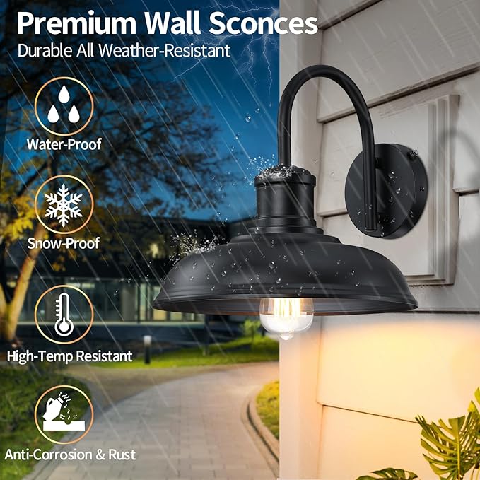 12'' Diameter Large Dusk to Dawn Outdoor Gooseneck Barn Light, 2-Pack Outdoor Wall Sconce Farmhouse Exterior Light Wall Lighting Fixture Industrial Black Wall Lantern for Porch, Garage, Black