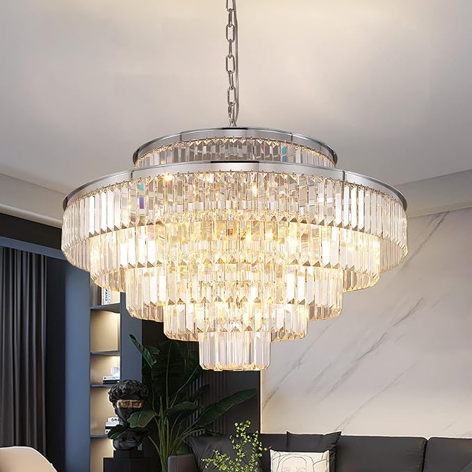 Modern Chrome Crystal Chandeliers Lighting 31'' & Lights Round Hanging Classic, Pendant Ceiling Chandelier Lighting Fixture 6-Tier for Dining Room Living Room(Chrome,31 inch)