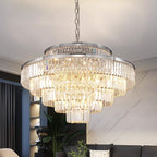 Modern Chrome Crystal Chandeliers Lighting 31'' & Lights Round Hanging Classic, Pendant Ceiling Chandelier Lighting Fixture 6-Tier for Dining Room Living Room(Chrome,31 inch)