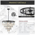 Modern Black Crystal Chandeliers,24” Ceiling Round Chandelier,Luxury Flush Mount Pendant Light Fixture with Chain Farmhouse 4 Tiers K9 Chandelier for Dining Room Bedroom Foyer
