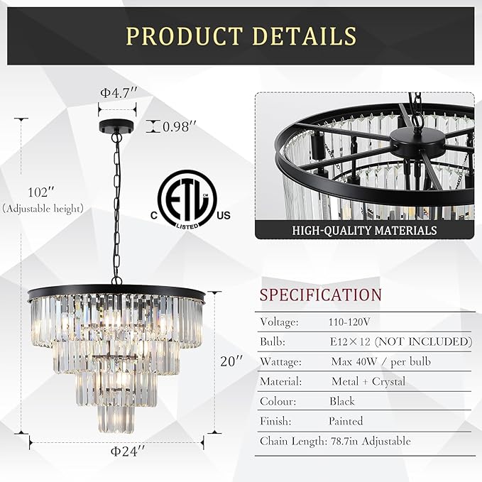 Modern Black Crystal Chandeliers,24” Ceiling Round Chandelier,Luxury Flush Mount Pendant Light Fixture with Chain Farmhouse 4 Tiers K9 Chandelier for Dining Room Bedroom Foyer