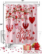 Vandarllin Pink Valentine's Day Shower Curtain, Red Love Heart Tree Shower Curtains Set with Hooks, Be My Valentine Waterproof Fabric Bathroom Curtains Decor Home Accessories,72 X 84 Inch Extra Long