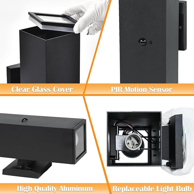wowlite Motion Sensor Outdoor Wall Lights, Dusk to Dawn Outdoor Lighting with E26 Bulbs Included, 3 Lighting Modes Black Exterior Lighting Fixtures, Aluminum Outside Lights for House Porch Yard 2 Pack