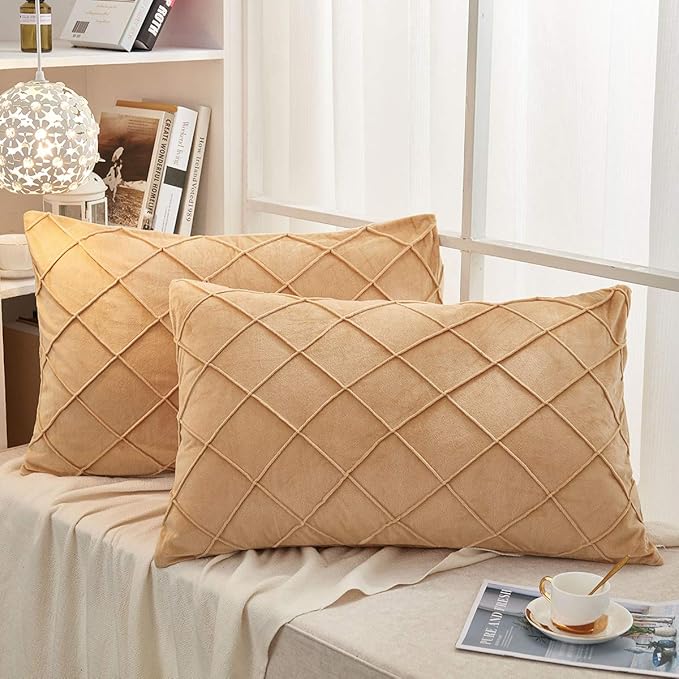 JAUXIO Diamond Pinch Pleated Crystal Velvet Pillowcases 2 Pack Solid Pintuck Throw Cushion Cover for Home Decor Hidden Zipper Closure (Camel, King)