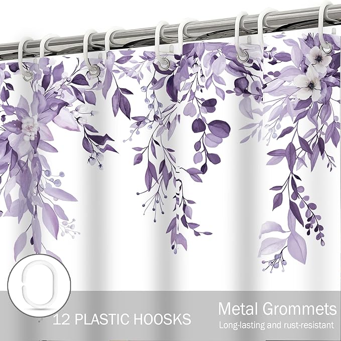 Eucalyptus Shower Curtain, Light Purple Watercolor Leaves with Floral Botanical Bathroom Decor, Waterproof Fabric Bath Curtain Set with Hooks, 72x72 Inches