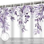 Eucalyptus Shower Curtain, Light Purple Watercolor Leaves with Floral Botanical Bathroom Decor, Waterproof Fabric Bath Curtain Set with Hooks, 72x84 Inches