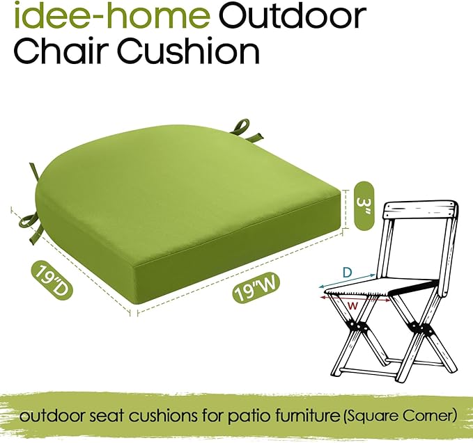 idee-home Outdoor Chair Cushions Set of 2, Thick 19" x 19" x 3" Outdoor Seat Cushions Patio Furniture Waterproof with Ties, Dining Pads