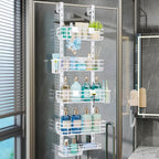 Consumest Over The Door Shower Caddy - 5 Tier Adjustable Shower Organizer Hanging with 2 Toothbrush Holders & 4 Hooks, Rustproof Oragnizer Shelf, Storage Rack for Bathroom, White