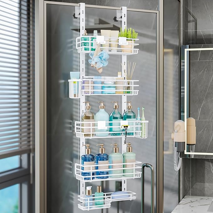 Consumest Over The Door Shower Caddy - 5 Tier Adjustable Shower Organizer Hanging with 2 Toothbrush Holders & 4 Hooks, Rustproof Oragnizer Shelf, Storage Rack for Bathroom, White