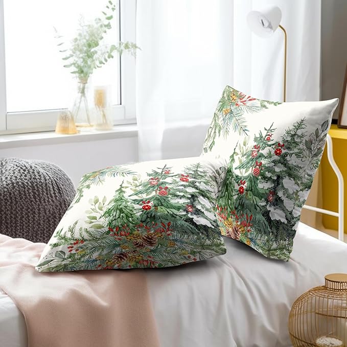 Christmas Tree Throw Pillow Covers 18x18 Set of 2, Xmas Pine Trees Bells Winter Holiday Farmhouse Decorative Pillow Cases Cotton Cushion Cover for Home Room Bed Sofa Couch Chair