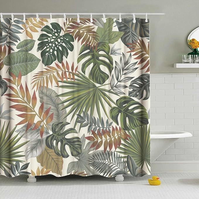 Tropical Leaves Shower Curtain Yellow Green Palm Monstera Leaf Shower Curtains for Bathroom Waterproof Polyester Fabric Bathroom Curtain 72 x 72 Inch with 12 Plastic Hooks